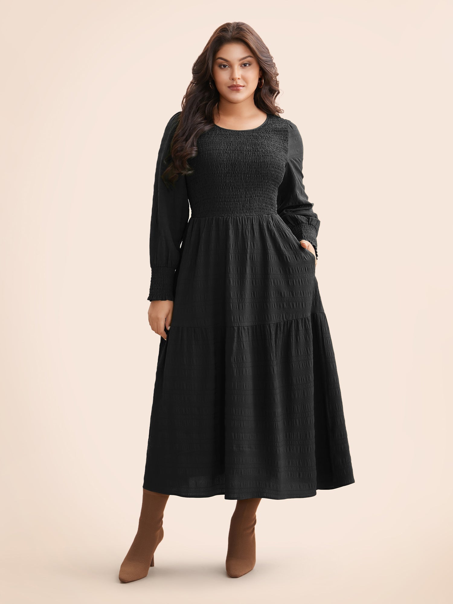 Plain Textured Shirred Midi Dress