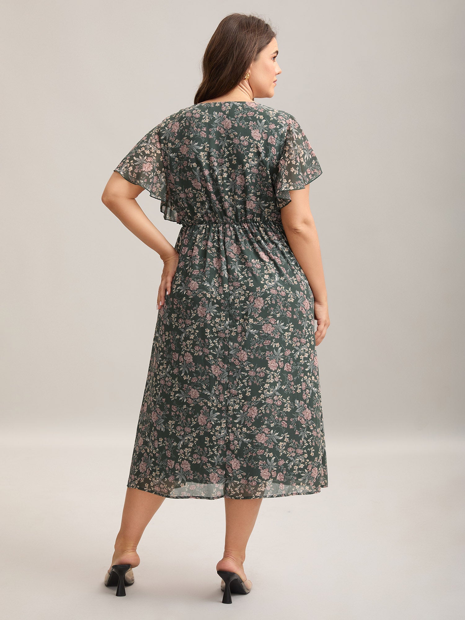 Chiffon Floral Print Ruffled Midi Dress