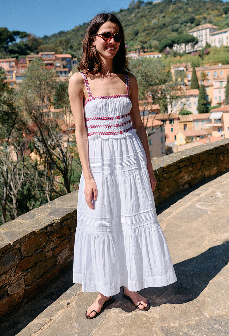 Carolyne Floral Embroidered White Voile Dress